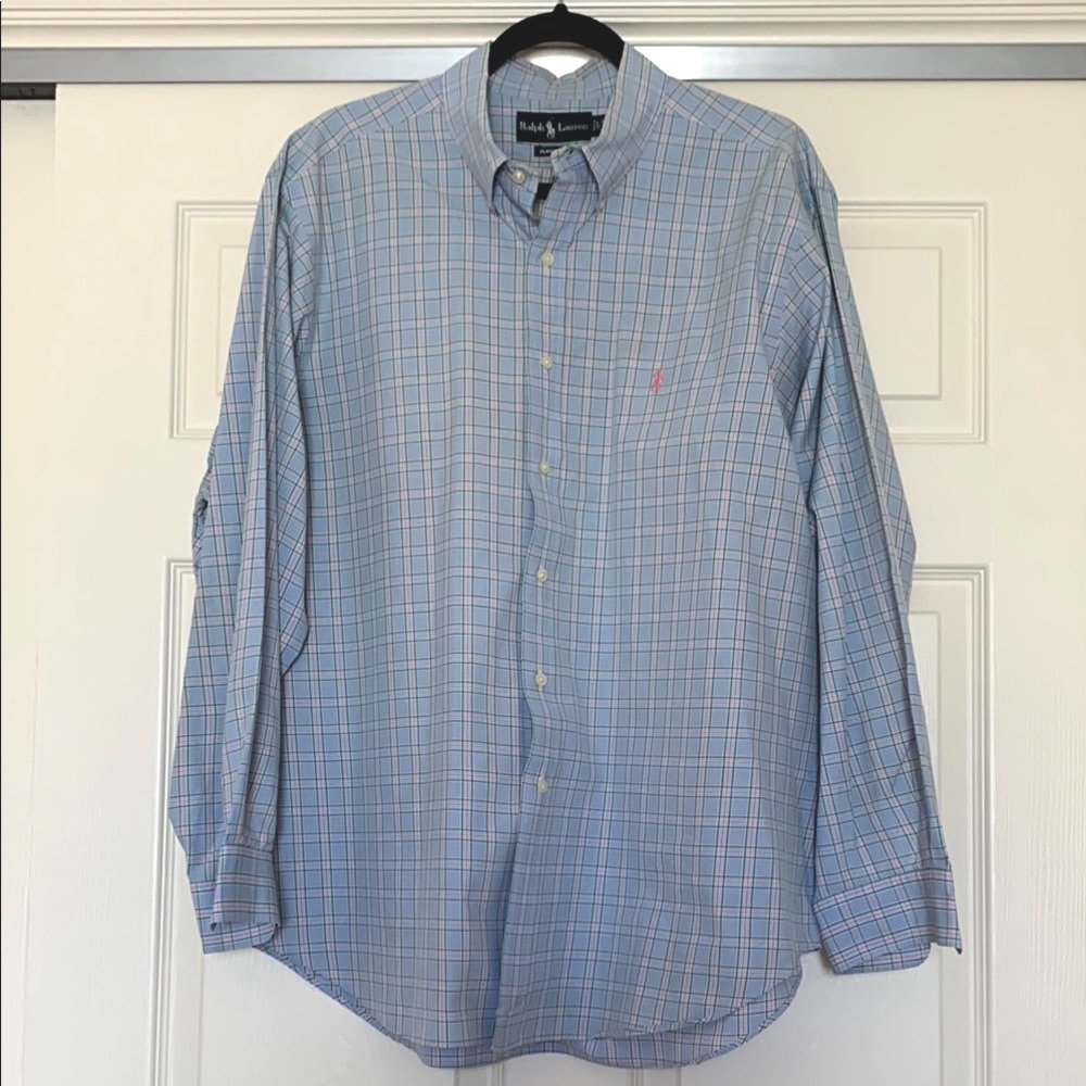 Ralph Lauren Checkered Print Button-Down Shirt Men’s 17.5” Neck Blue and Pink